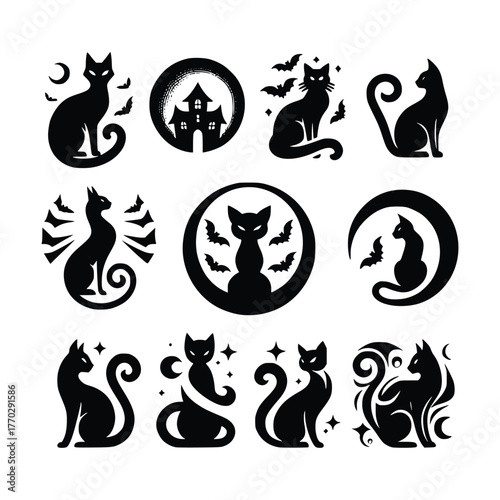 Set of Black Cat Silhouettes with Halloween and Celestial Motifs