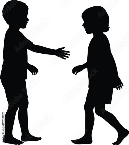Silhouettes of two children facing each other, friendship gesture, communication, connection, playtime, childhood innocence, family love, caring relationship, trust