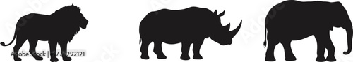 Wild animal silhouettes including lion, rhinoceros and elephant, African wildlife concept, safari animals, nature, strength, conservation, adventure, wilderness