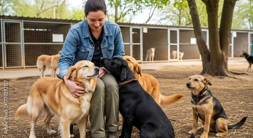 A woman interacts with multiple dogs at an outdoor animal shelter or rescue facility, showing care and affection.