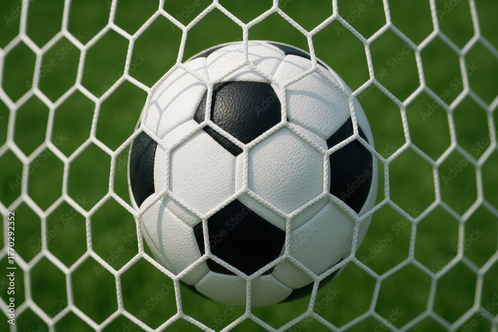 Fototapeta premium Close up view of soccer ball caught net, showcasing black and white pattern against green grass background. image evokes excitement and thrill