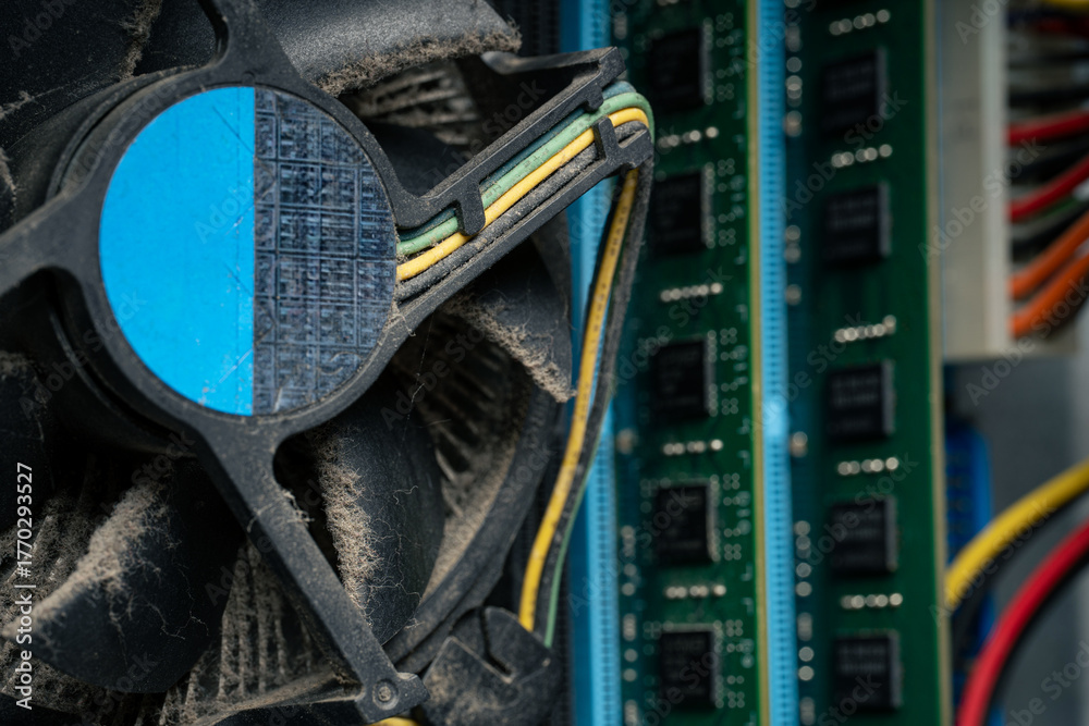 Obraz premium Dusty computer cooling fan and motherboard close up, dirty PC hardware component in need of cleaning and maintenance