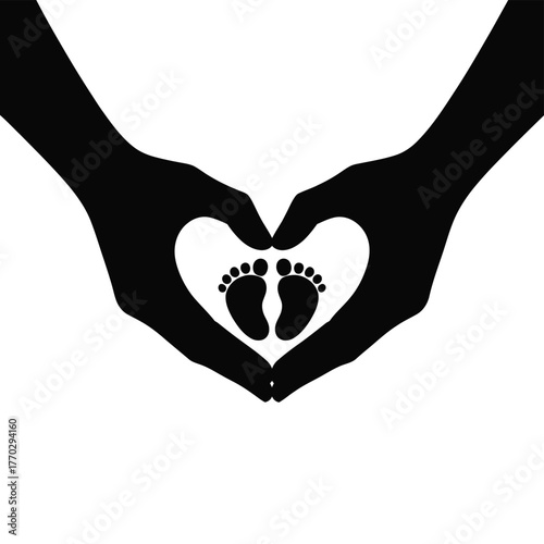 Parental Love: Hands Forming Heart with Baby Footprints Silhouette