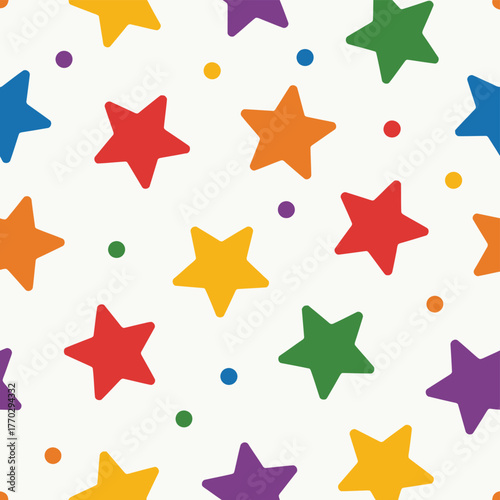 Cheerful Rainbow Stars and Dots Seamless Pattern on White Background
