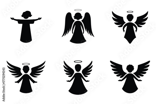 Angel Silhouettes Vector Icons Set - Spirituality and Religious Symbols