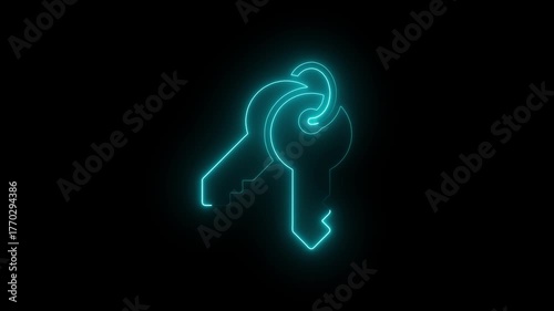 Futuristic neon glowing key symbol placed over a digital card on a black background. Perfect concept for data protection, cyber security, password access, encryption.neon key icon .key icons 4K video