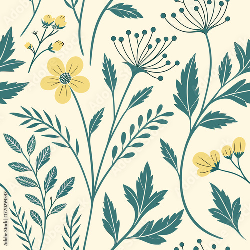 Delicate Yellow Flowers and Teal Green Leaves Seamless Pattern Botanical Design