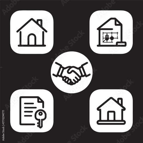 Real estate deal icons handshake house key contract