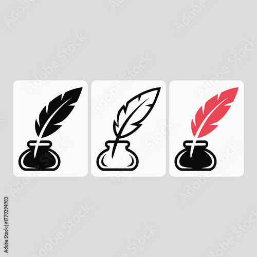 Quill Pen and Inkwell Icons - Writing, Literature, and History Symbols