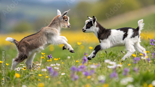 Fototapeta Naklejka Na Ścianę i Meble -  Two playful baby goats frolicking in a vibrant meadow filled with colorful wildflowers, enjoying a sunny day in the countryside