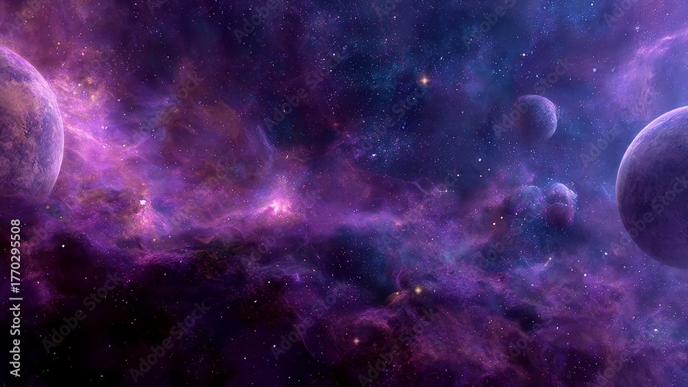 Fototapeta premium Vibrant purple and blue nebula with planets and stars vast cosmic space
