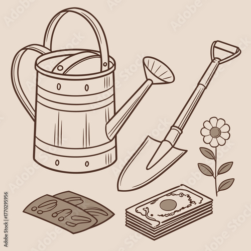 Gardening Tools Seeds Money and a Flower Illustration for Spring Season Growth and Prosperity