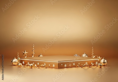 Golden podium with christmas ornament for product display on gold background