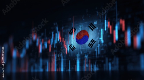 South Korean stock market graph with national flag and trading data in a digital setting