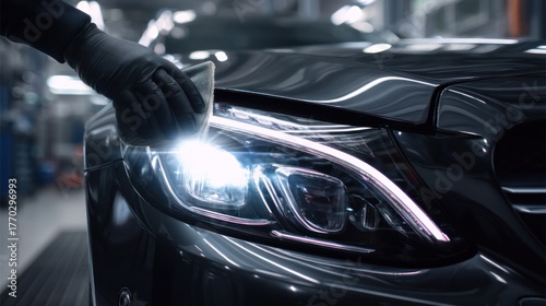 Car detailer cleaning headlight in garage