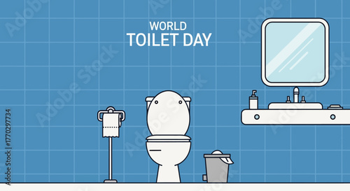 World Toilet Day illustration featuring a toilet, sink, mirror, and trash can in a bathroom setting.