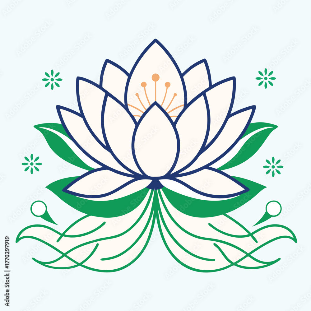 Fototapeta premium Blooming lotus vector basic color on white background, cloud curves vector art illustration