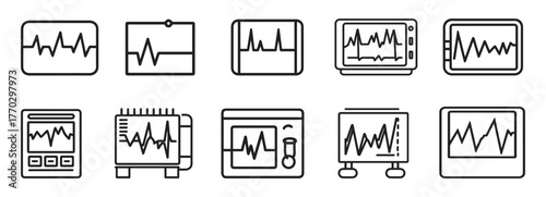 Electrocardiogram Machine Line Icon Set. ECG Monitor Outline Vector Icons.