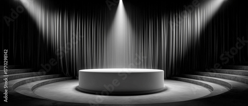 Inauguration stage featuring glowing white podium with empty backdrop curtain illuminated by spotlights, ideal for text, branding, or future logo placement