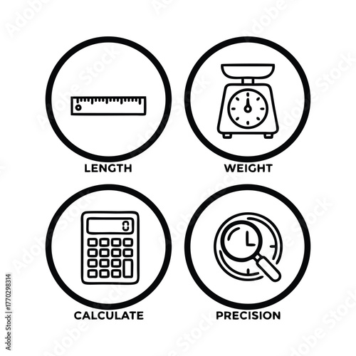 Measurement and Calculation Icons: Length, Weight, Calculate, and Precision