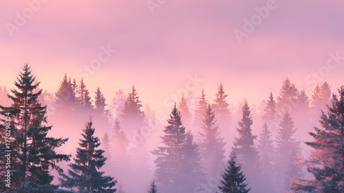 Dreamy Conifer Woods in Atmospheric Pink Fog