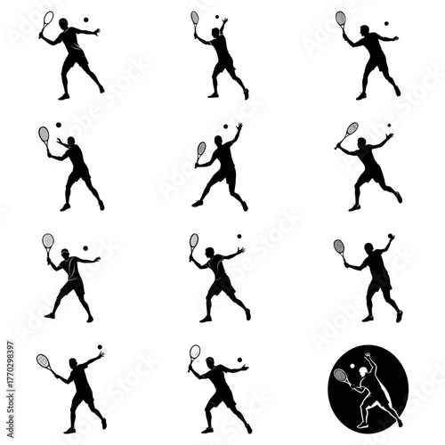 Dynamic tennis player silhouettes showcasing powerful serves and volleys, ideal for sports branding, athletic designs, and competitive event promotions