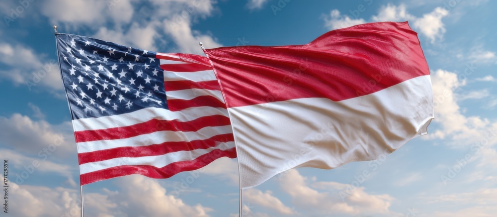Fototapeta premium Flags of the United States and Indonesia waving against a blue sky with clouds