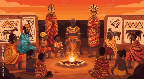 African Tribe Gathering Around The Fireplace At Night, Culture Meeting