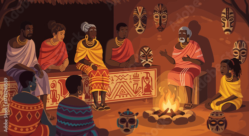 African Village Elders Gathering Around Fire For Storytelling Session