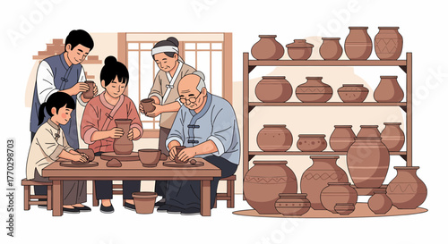 Asian Family Engaged In Pottery Together At A Workshop Studio
