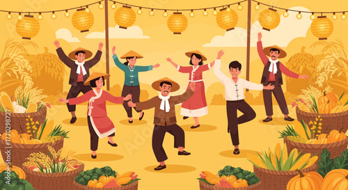 Asian Harvest Festival Celebration With Traditional Clothing And Lanterns