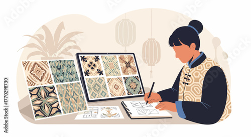 Asian Woman Designing Ceramic Tile Patterns Conceptually Illustrated