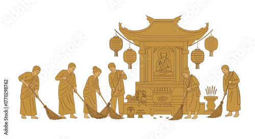 Buddhist Monks Cleaning Sacred Temple Illustration In Simple Style