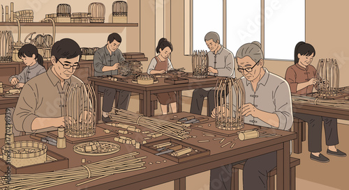 Craftsmen Working On Traditional Woven Bamboo Birdcages In Workshop