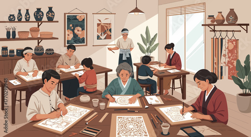 Crafting Workshop Diverse Group Creating Art Together In Harmonious Setting