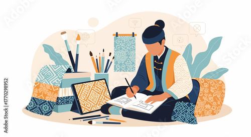 Creative Artist Designs With A Digital Tablet And Sketchbook