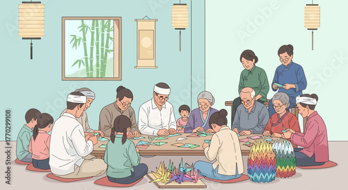 Family Engaged In Crafting Origami Together In A Traditional Setting