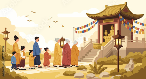 Family Pilgrimage To The Temple For Blessings And Cultural Harmony