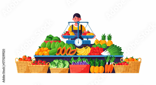 Farmer Weighing Fruits And Vegetables At Market Stall