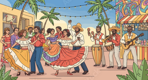 Festive Latin American Celebration With Music And Dance Under Palm Trees
