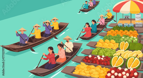 Floating Market Boats With Tropical Fruits Traditional Vietnamese Culture