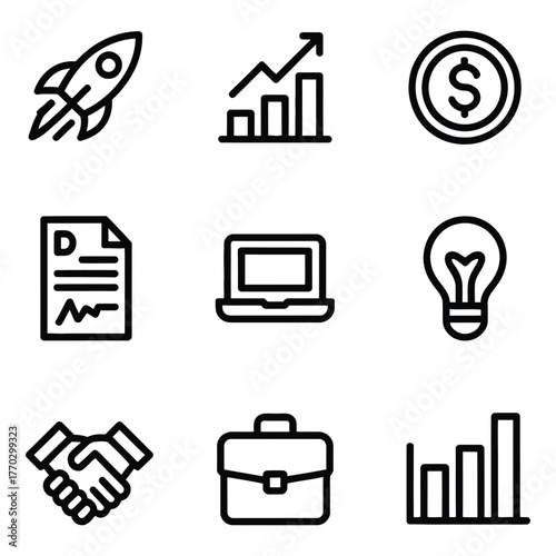 Set of 9 black business and finance line icons on white background collection