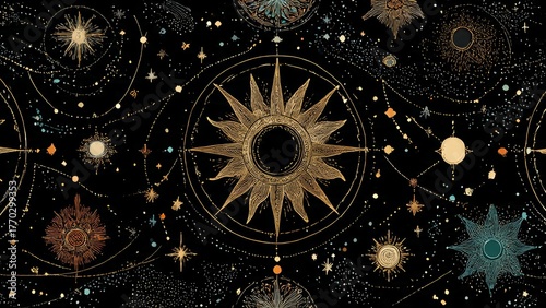 Ornate celestial suns and stars intricate patterns on a dark cosmic background
