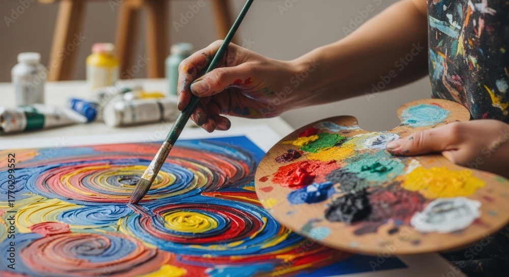 Obraz premium A close-up shot captures an artist's hands actively painting a vibrant, textured artwork with swirling patterns. One hand holds a paint-laden brush, applying blue paint to the canvas, while the other