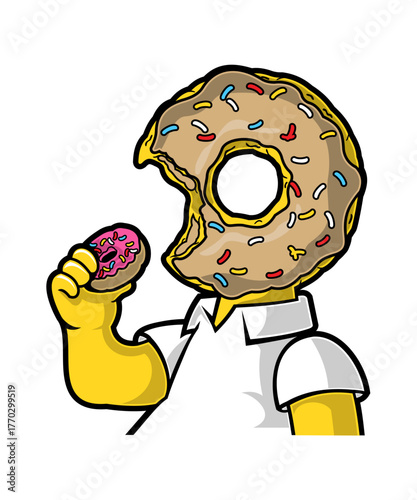 A humorous donut character with a bite taken out, showcasing a playful personality while holding another donut, perfect for illustrating fun culinary themes and delight.