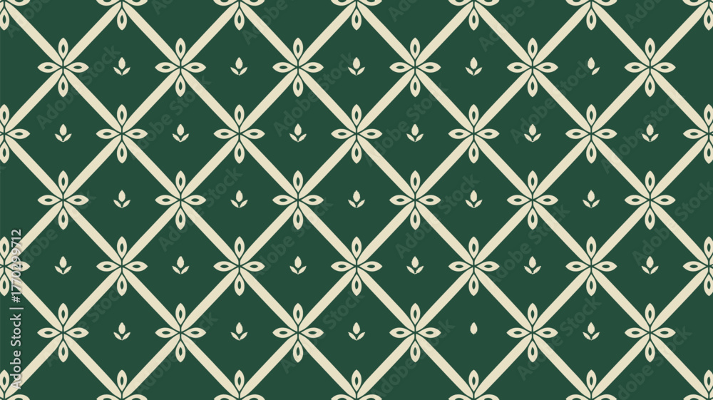 Fototapeta premium A repeating pattern of flowers and diamond shapes on a dark green background, symmetrical design