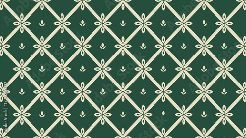 A repeating pattern of flowers and diamond shapes on a dark green background, symmetrical design