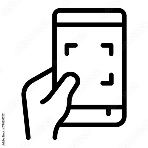Mobile phone and qrcode scanning app on screen line icon, touchscreen device concept, smartphone sign on white background, outline style for mobile web design. Vector graphics.