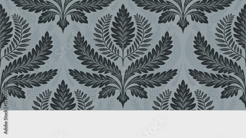 A repeating pattern of dark gray fern like plants on a light gray background with a white surface below