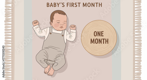 Adorable First Month Milestone Illustration Of Newborn Baby Sleeping
